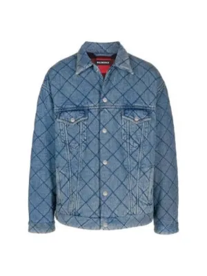 Balenciaga 46 Men s Jacquard Oversized Quilted Padded Denim Trucker Jacket