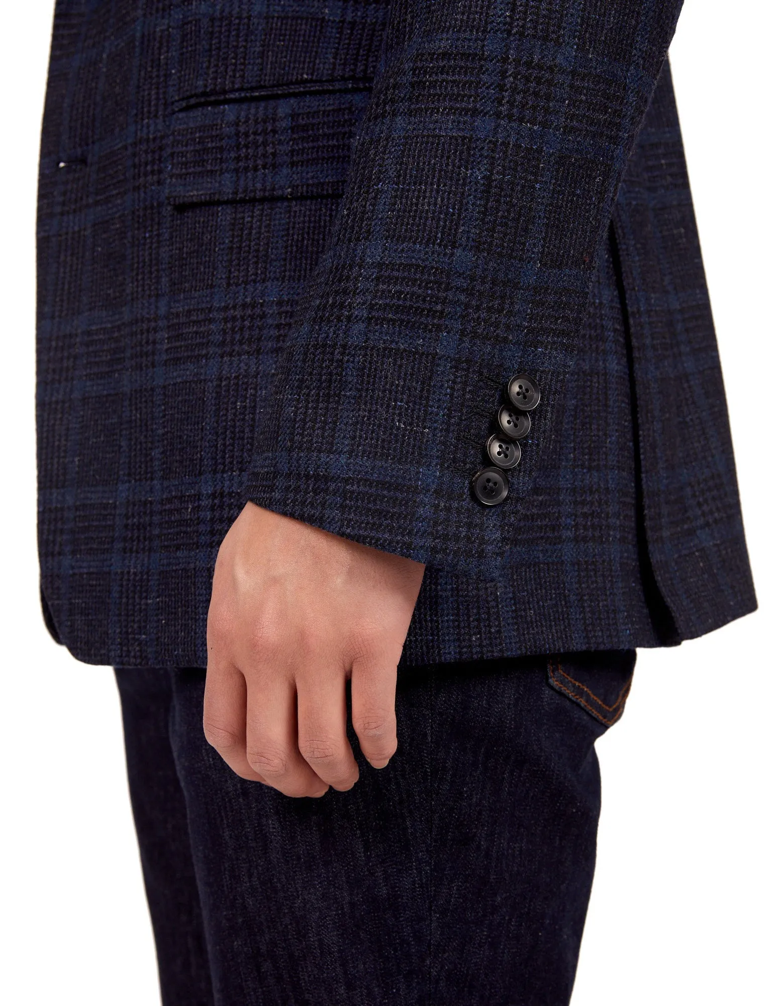 HENRY SARTORIAL DORMEUIL Full Canvas Fancy Check Wool Jacket NAVY LG