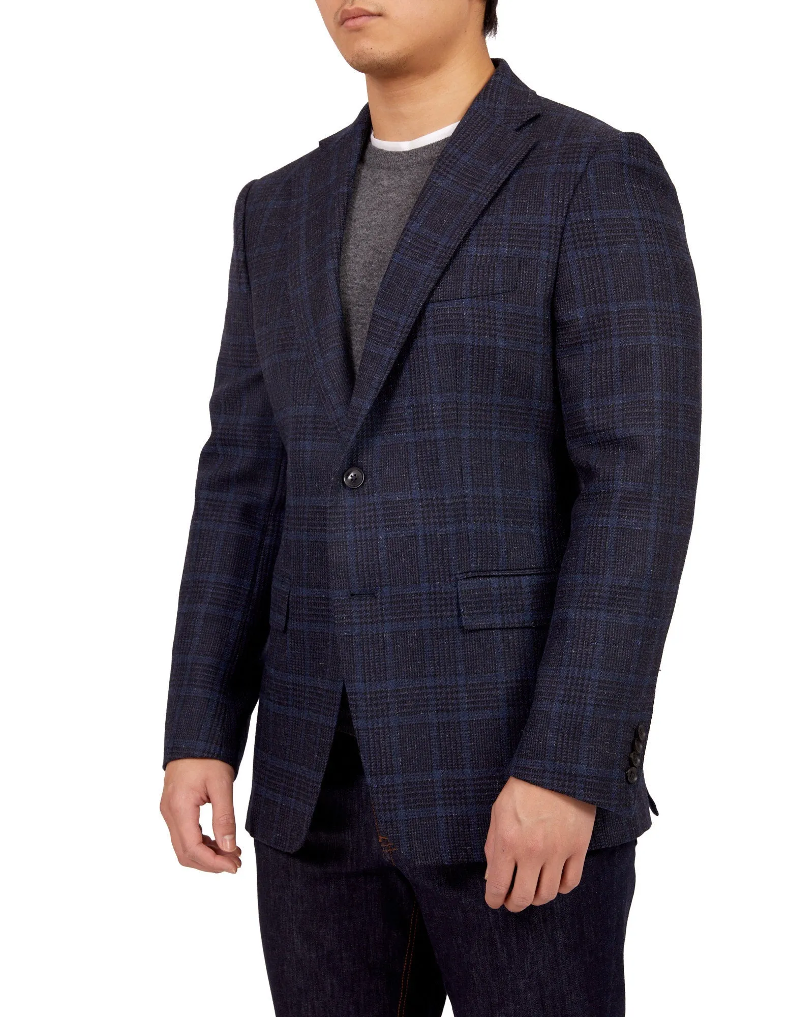HENRY SARTORIAL DORMEUIL Full Canvas Fancy Check Wool Jacket NAVY LG
