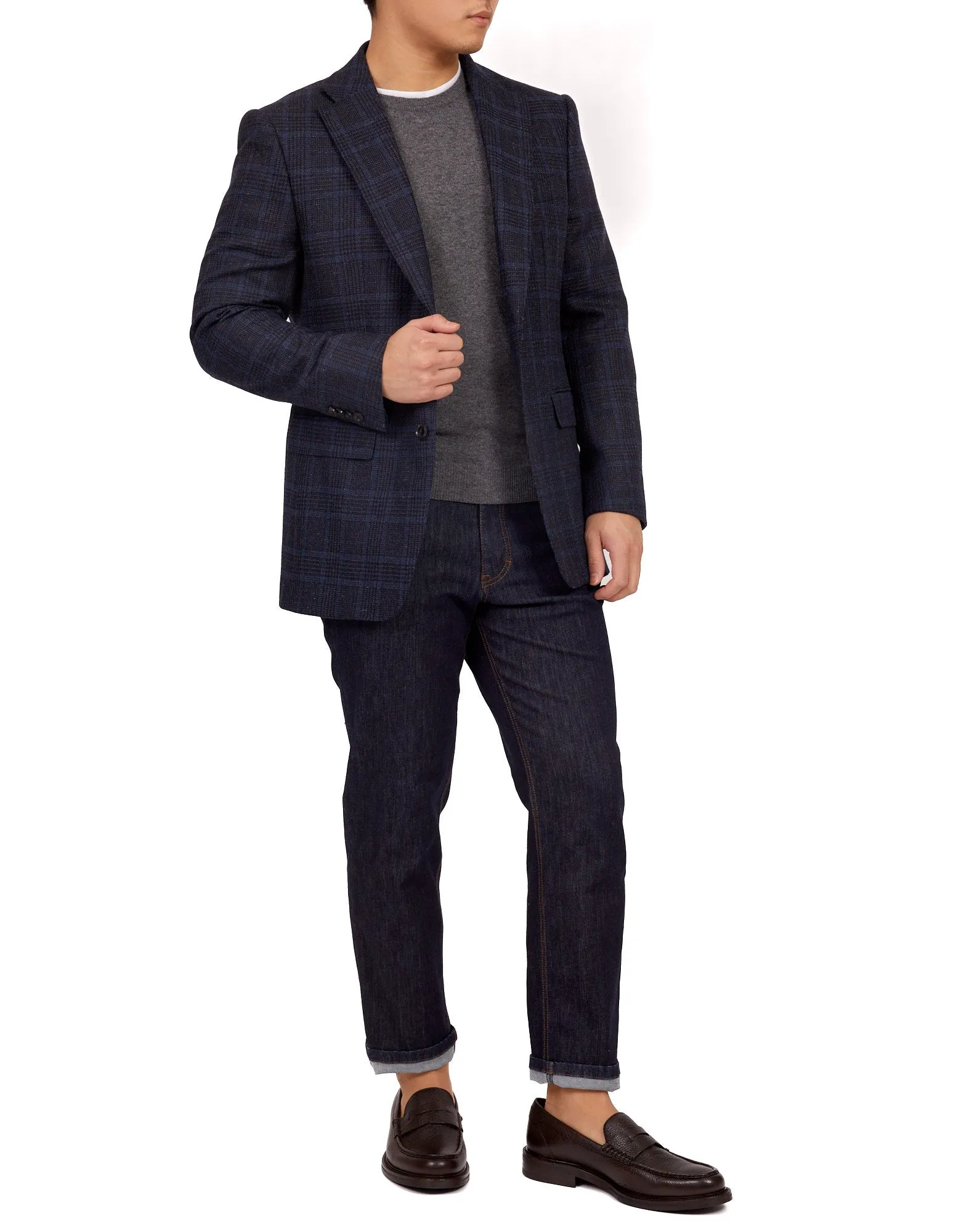 HENRY SARTORIAL DORMEUIL Full Canvas Fancy Check Wool Jacket NAVY LG
